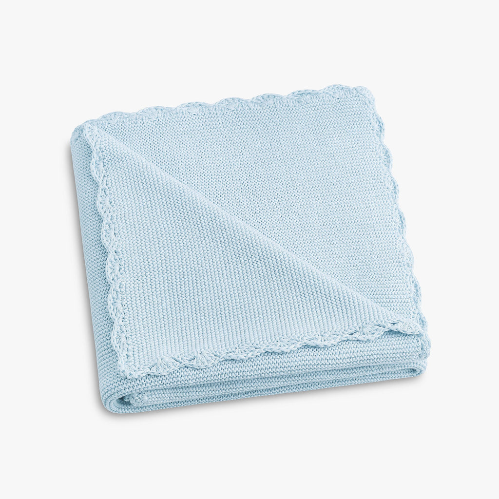 Cotton Knit Baby Blanket in Blue  folded to show trim detail