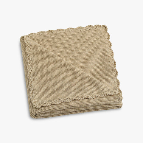 Cotton Knit Baby Blanket in Beige folded to show trim detail