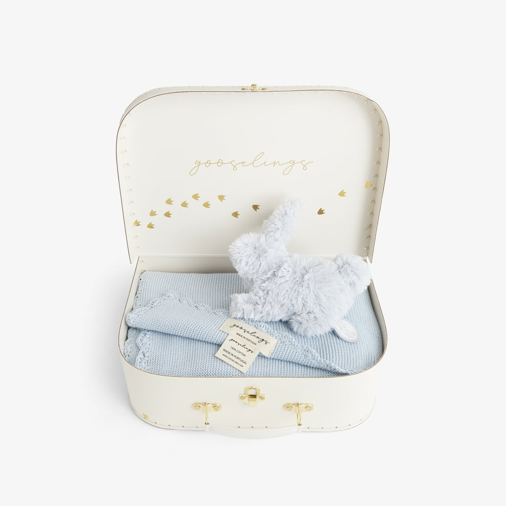 Cozy Gift Set which includes: Knit Blanket in Blue and Cuddle Toy