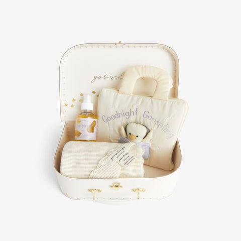 Bedtime Routine Gift Set which includes: Knit Blanket, Gooselings Book, Minois Dry Oil