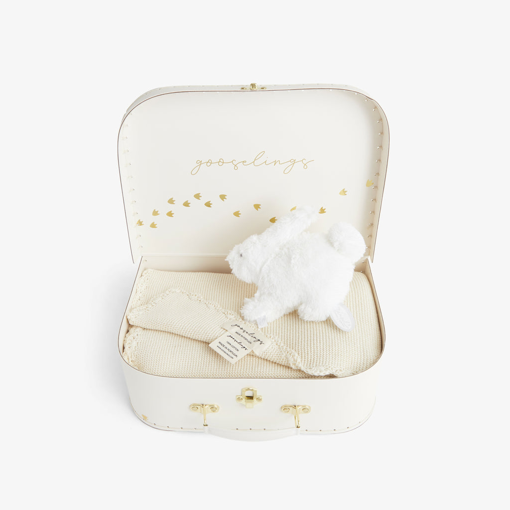 Cozy Gift Set which includes: Knit Blanket in Ivory and Cuddle Toy