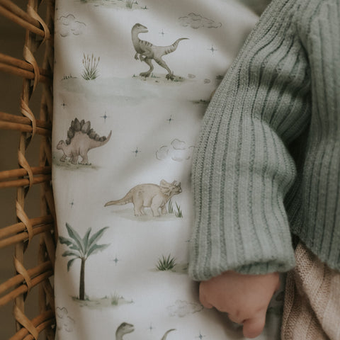 Dino Dreams Crib Sheet in Sage in bassinet with baby