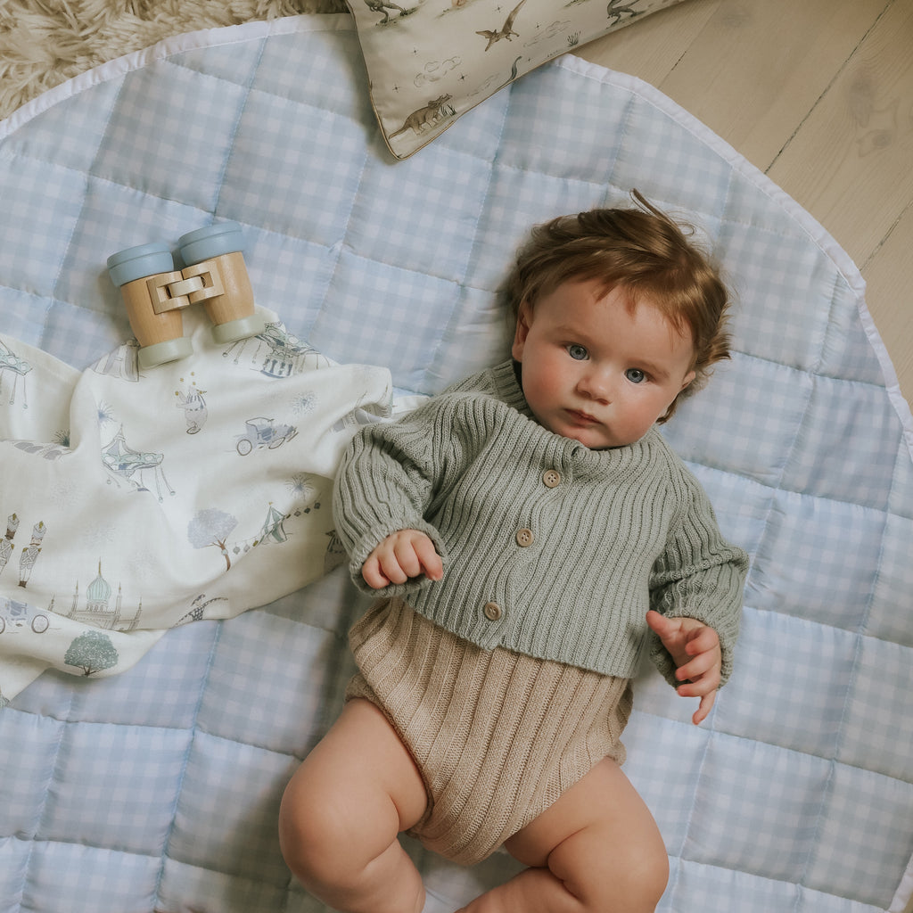 Picnic Gingham Play Mat in Blue with baby laying on top